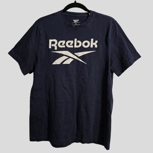 Reebok T-Shirt Men's Large Navy Blue Short Sleeve Crewneck Spell-Out Athleisure